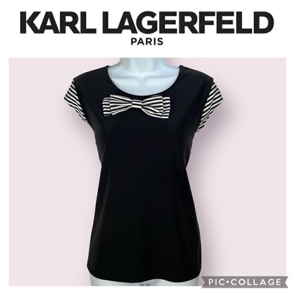 KARL LAGERFELD PARIS KNIT BOW CAP SLEEVE SCUBA BLOUSE SIZE Small - Picture 2 of 14